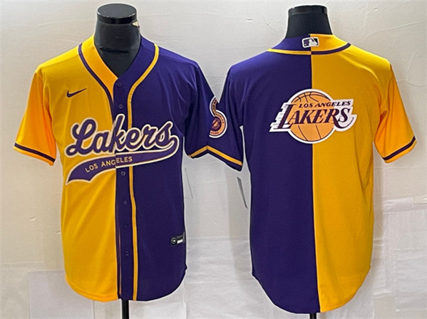 Men's Los Angeles Lakers Gold/Purple Split Team Big Logo Cool Base Stitched Baseball Jersey